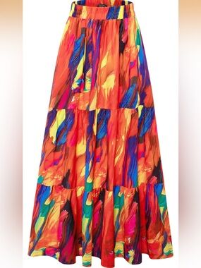 NWOT Women’s Vibrant Multicolor Tiered Boho Maxi Skirt with Pockets Size Small